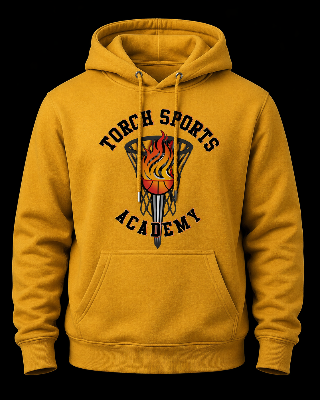 Yellow hoodie with 'Torch Sports Academy' design on a black background